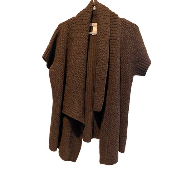 Kenar Open Front Short Sleeve Cardigan Large Brown Wool Textured Knit Sweater - Picture 1 of 7